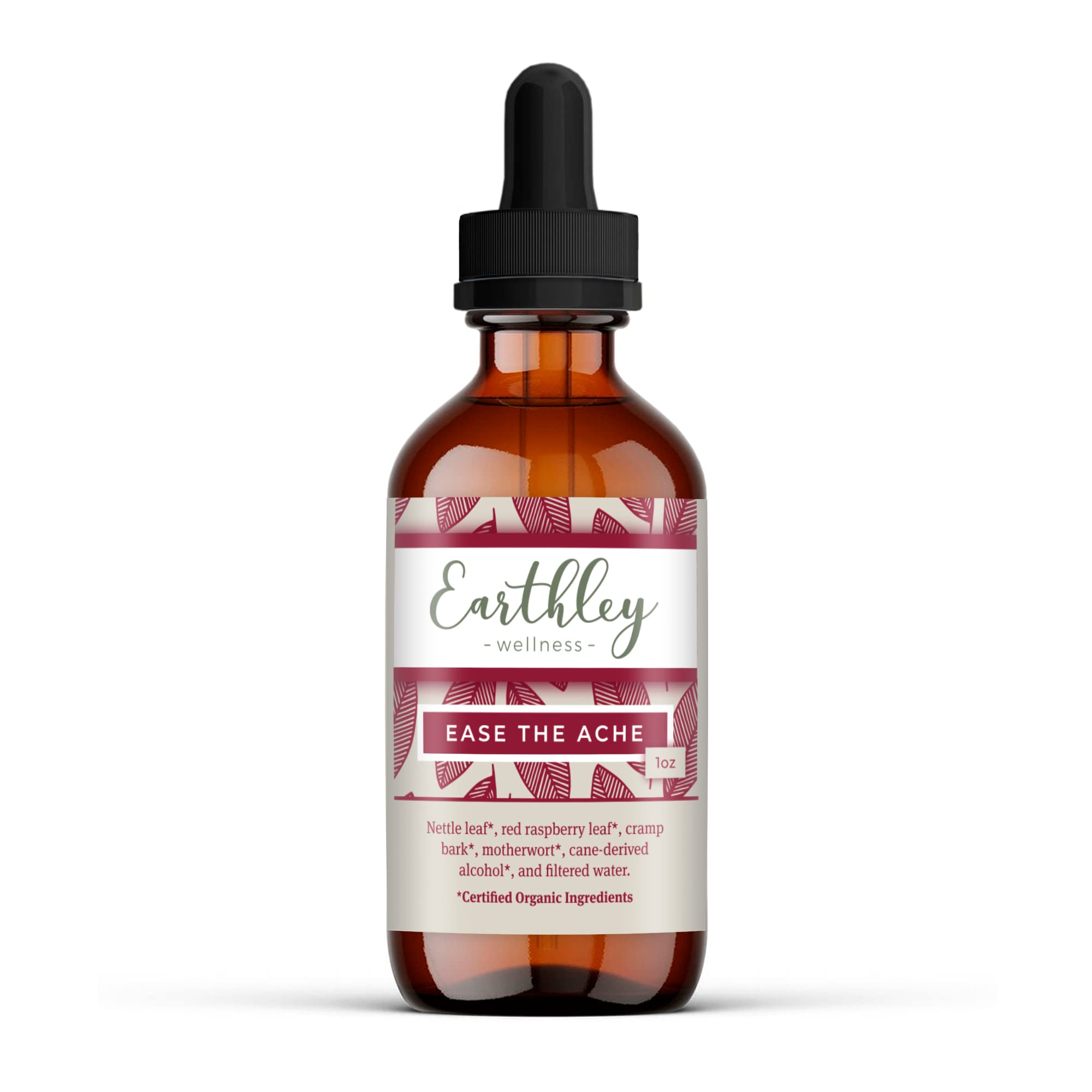 Earthley Wellness Ease the Ache bottle front shows herbal blend for cycle comfort.