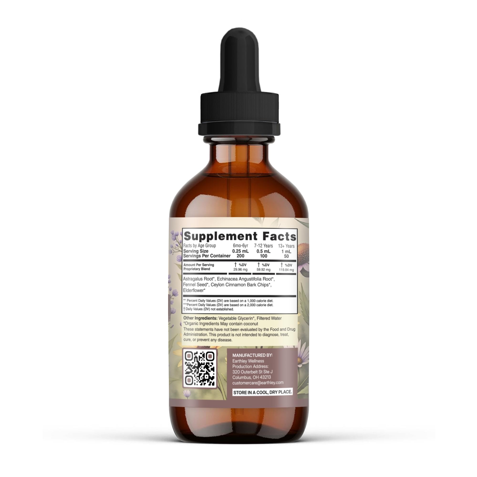 Earthley Wellness Feel Better Fast bottle label closeup, highlighting natural ingredients for family-use.