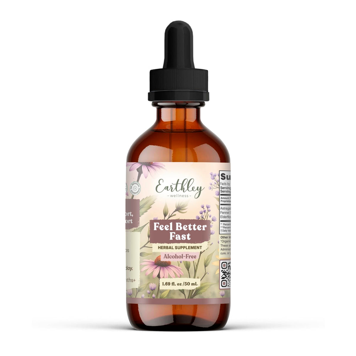 Earthley Wellness Feel Better Fast bottle being poured, easy dosing for everyday minor ailments.