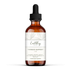 Earthley Wellness thyroid tincture bottle on countertop for daily drops aiding balance