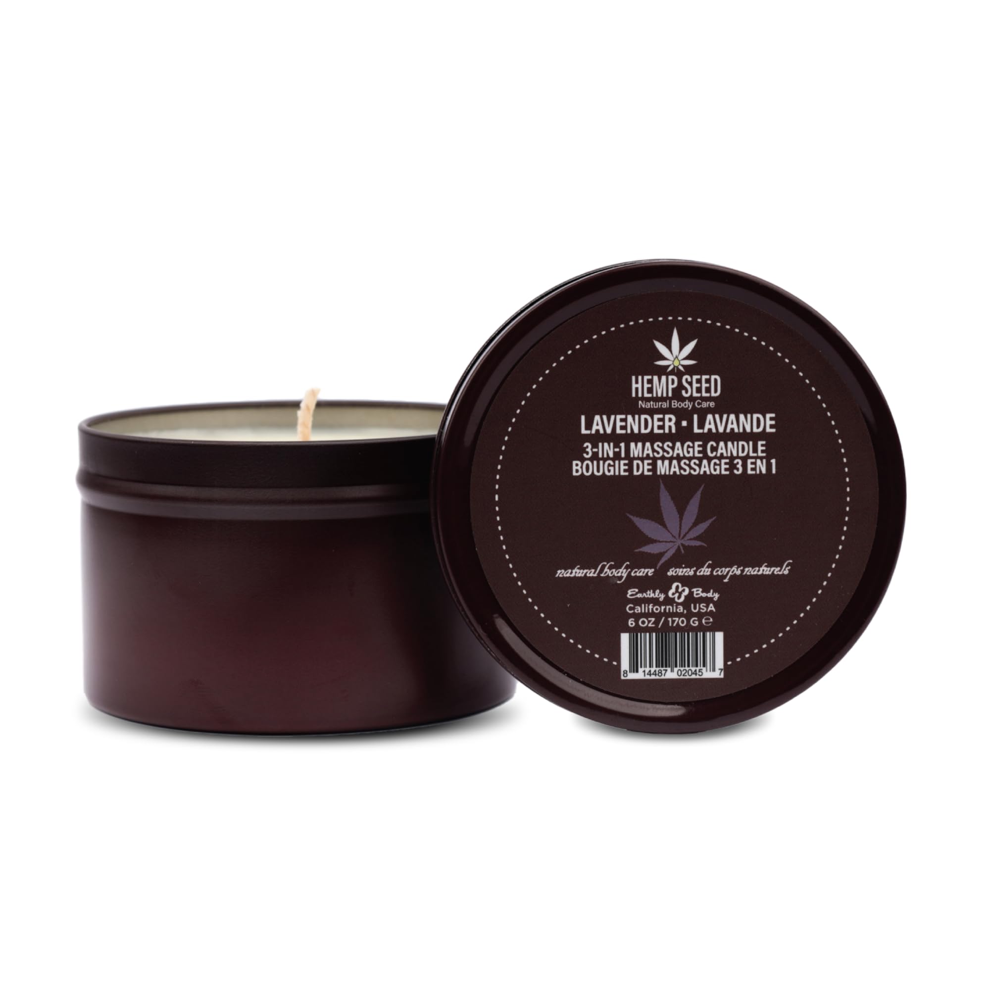 Earthly Body 3-in-1 Massage Candle lavender lit for warm massage and ambient fragrance.