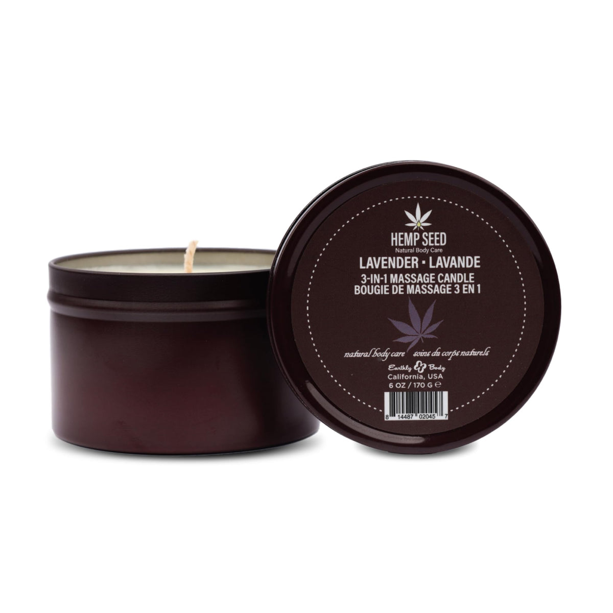 Earthly Body 3-in-1 Massage Candle lavender lit for warm massage and ambient fragrance.