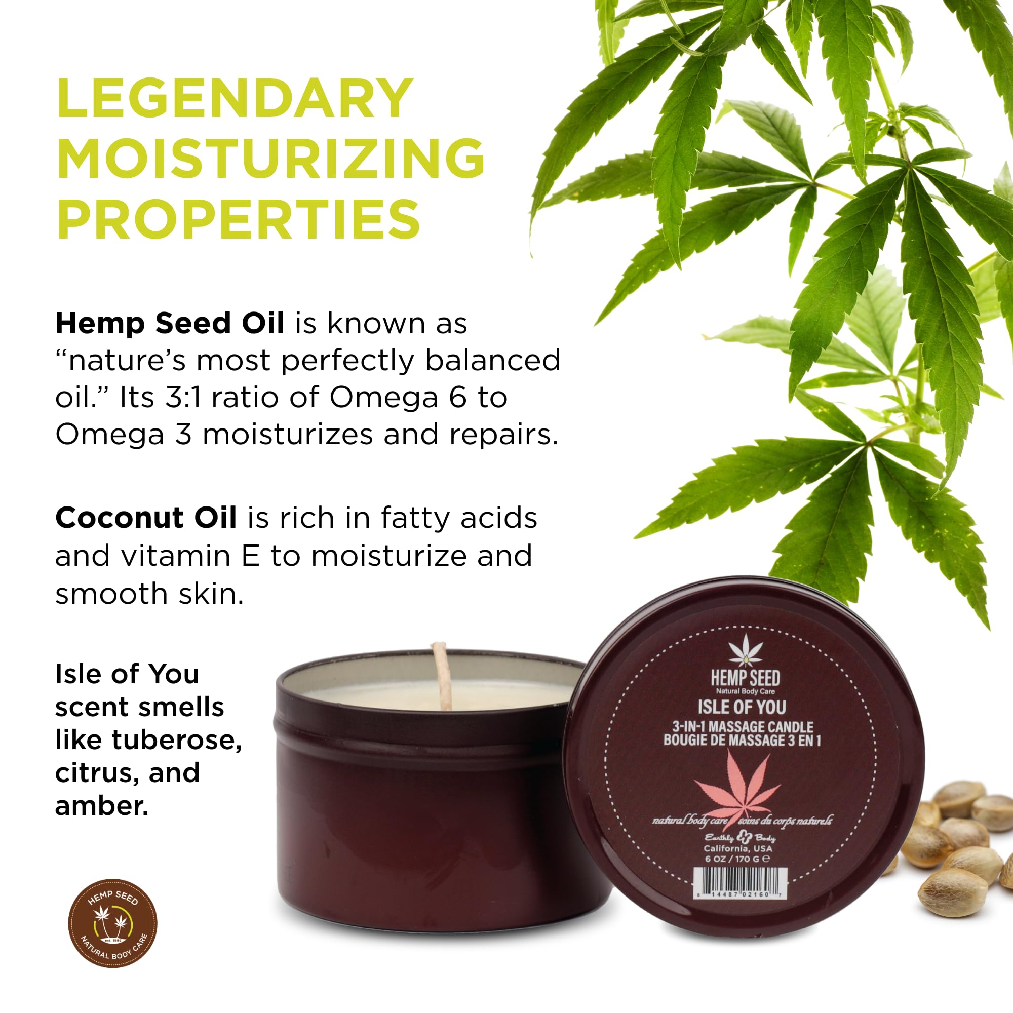 Earthly Body 3-in-1 Massage Candle oil blend closeup: coconut, apricot, soybean