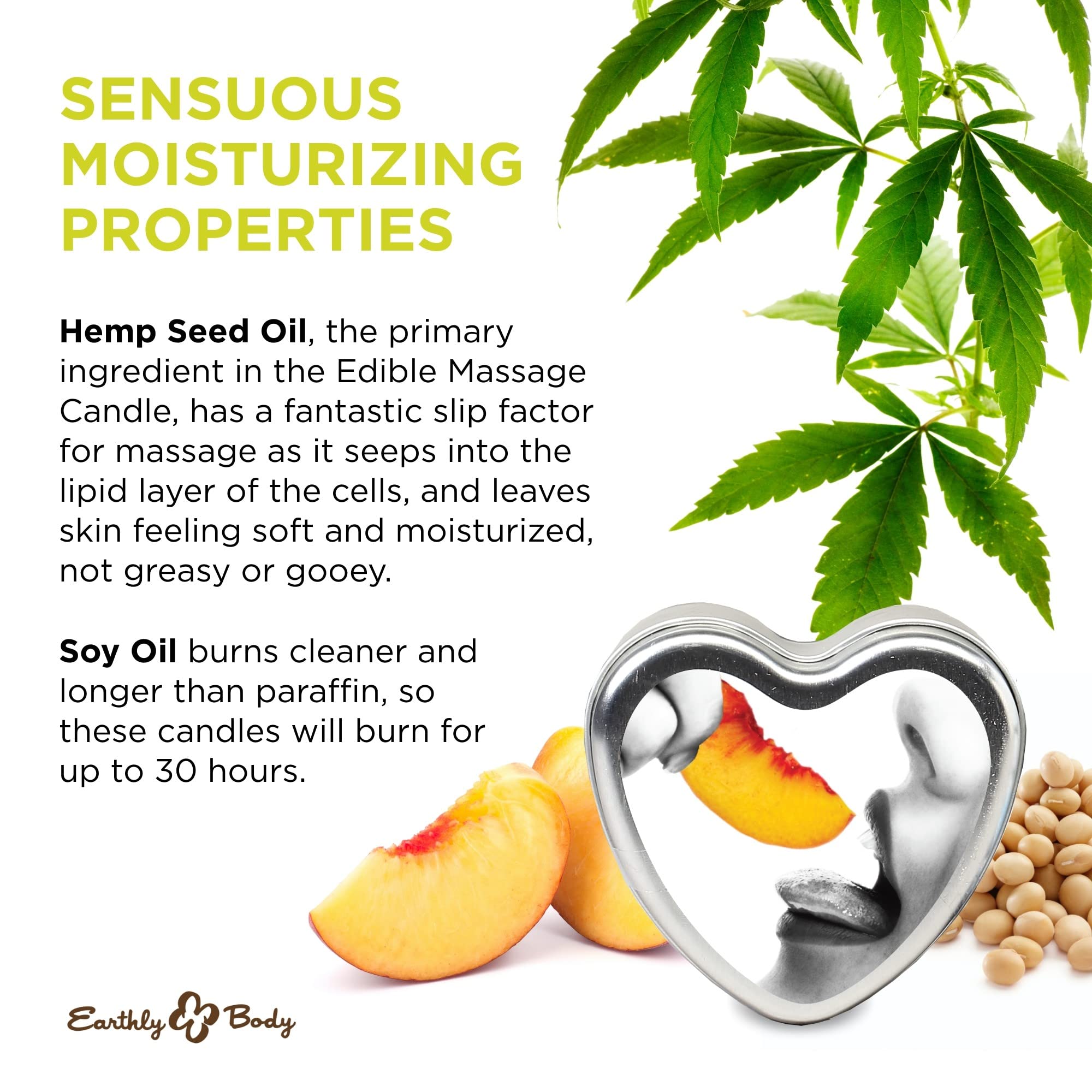 Earthly Body Edible Massage Candle Peach pours warm oil for skin nourishment.