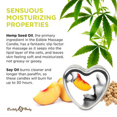 Earthly Body Edible Massage Candle Peach pours warm oil for skin nourishment.