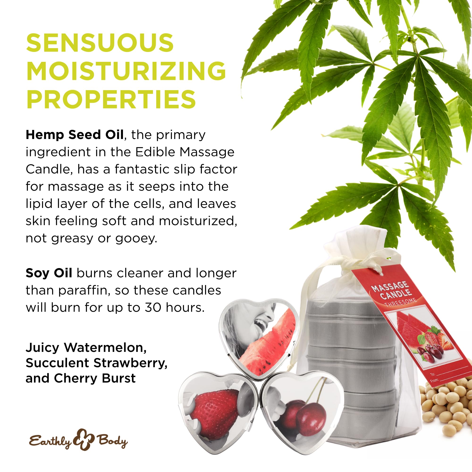 Earthly Body edible massage candle trio packaging in organza pouch