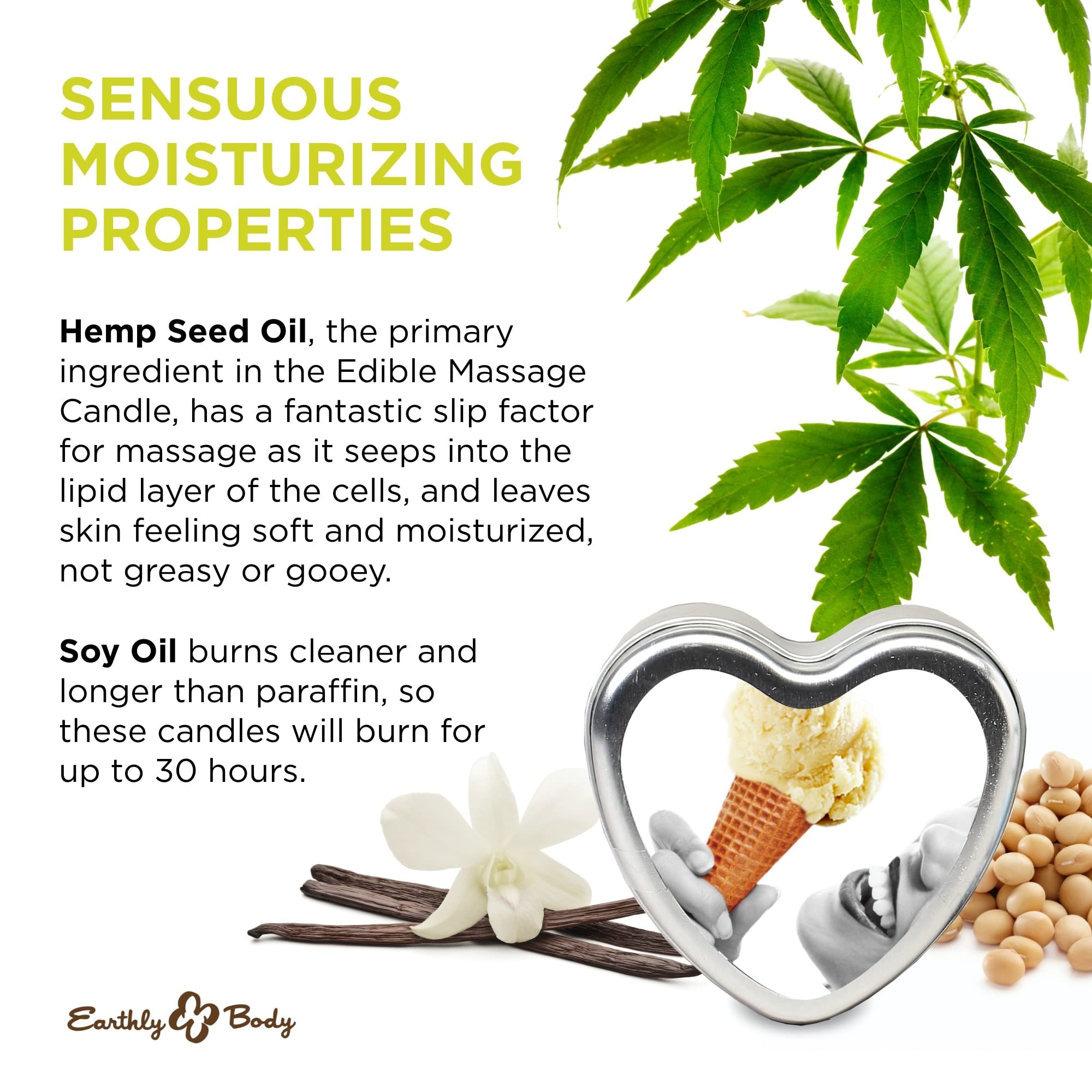 Earthly Body Edible Massage Candle Vanilla lit to melt into a massage oil.