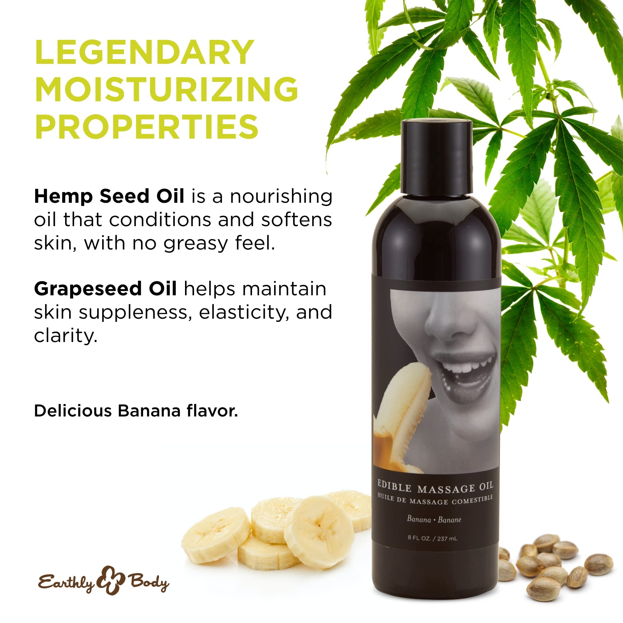 Earthly Body Edible Massage Oil Banana ingredient blend with rosemary and almond oils.