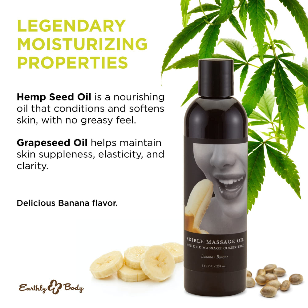 Earthly Body Edible Massage Oil Banana ingredient blend with rosemary and almond oils.