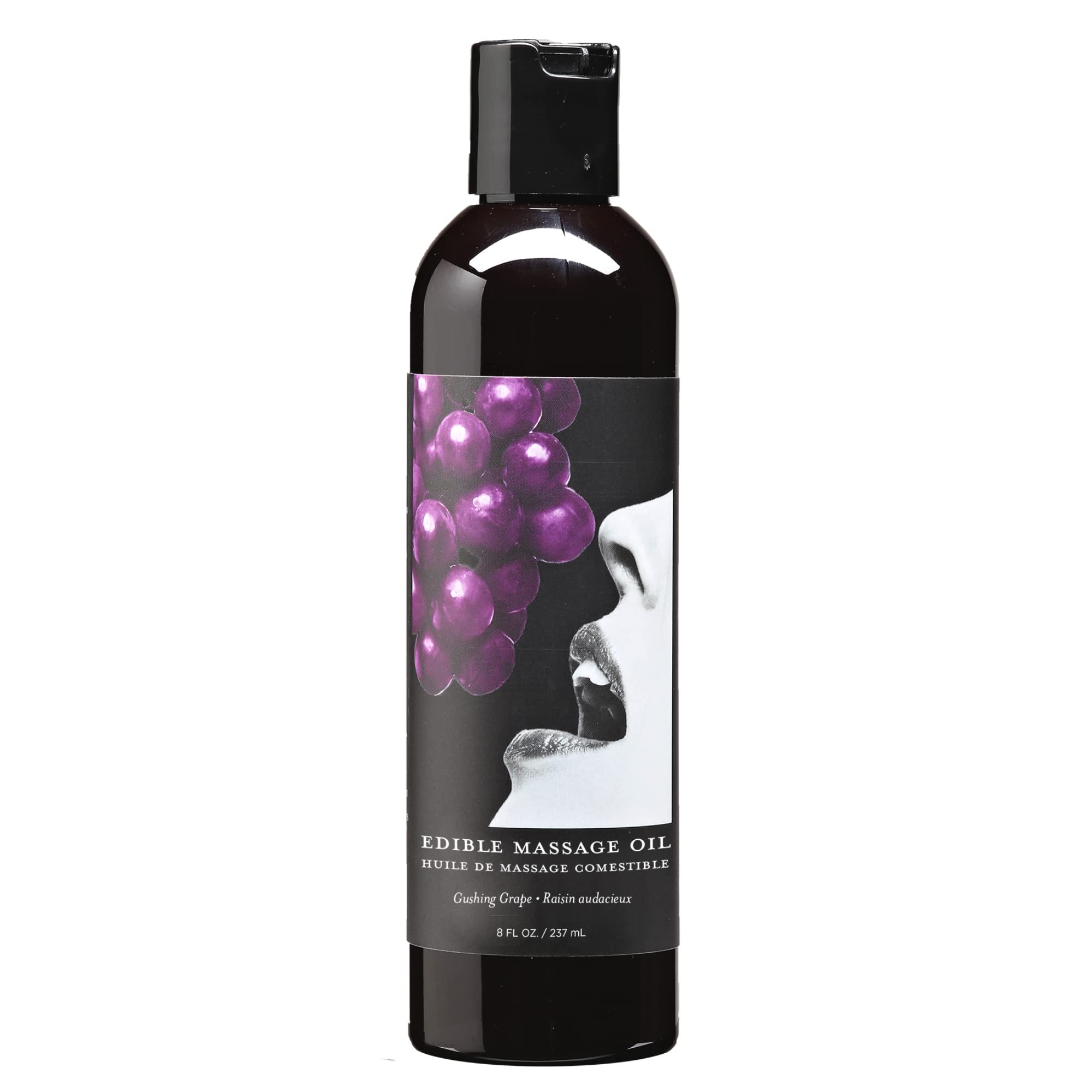 Earthly Body Edible Massage Oil grape bottle shows vegan, nourishing formula for silky massages.