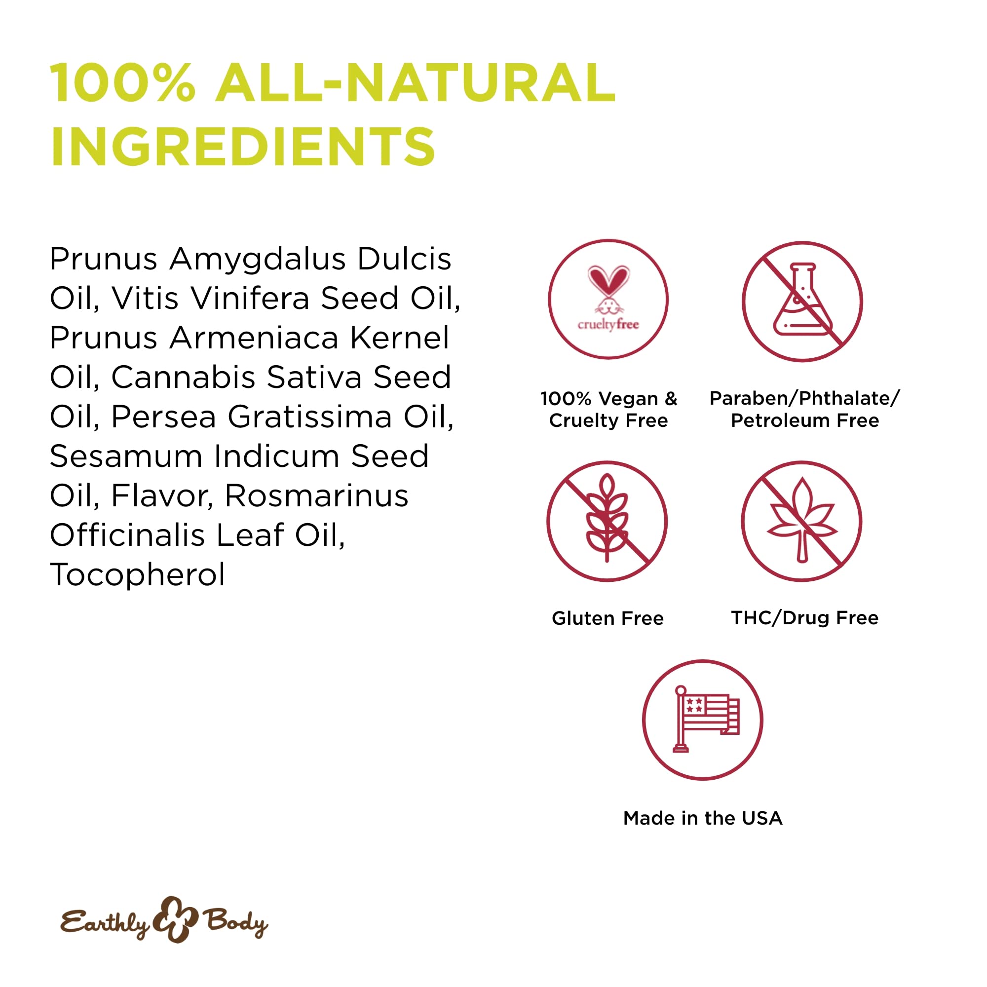 Earthly Body Edible Massage Oil ingredients feature hemp seed and vitamin E.