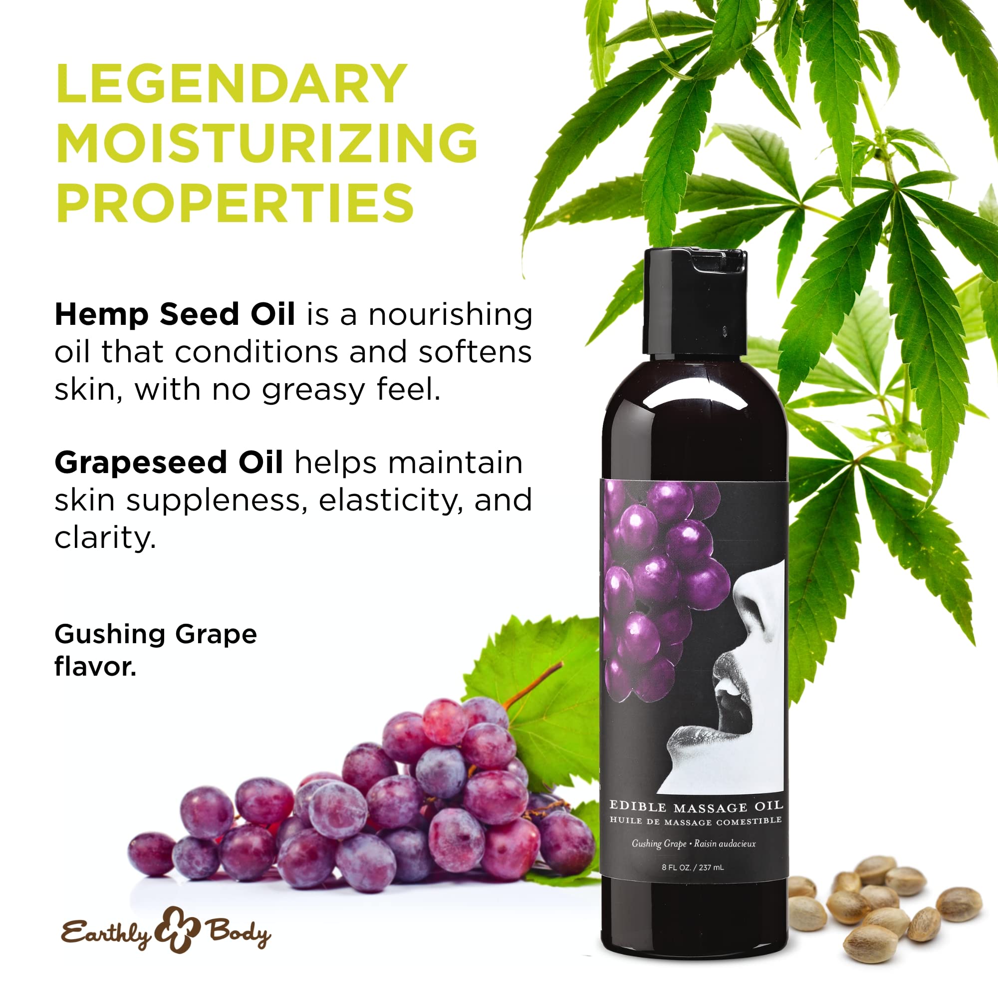 Earthly Body Edible Massage Oil grape pour demonstrates easy coverage and slip.