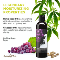 Earthly Body Edible Massage Oil grape pour demonstrates easy coverage and slip.