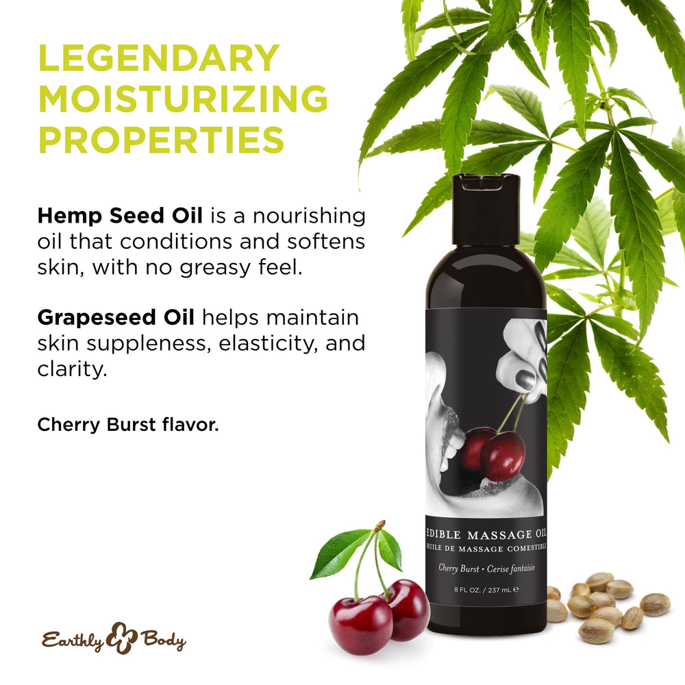 Silky texture close-up of Earthly Body Edible Massage Oil Cherry.