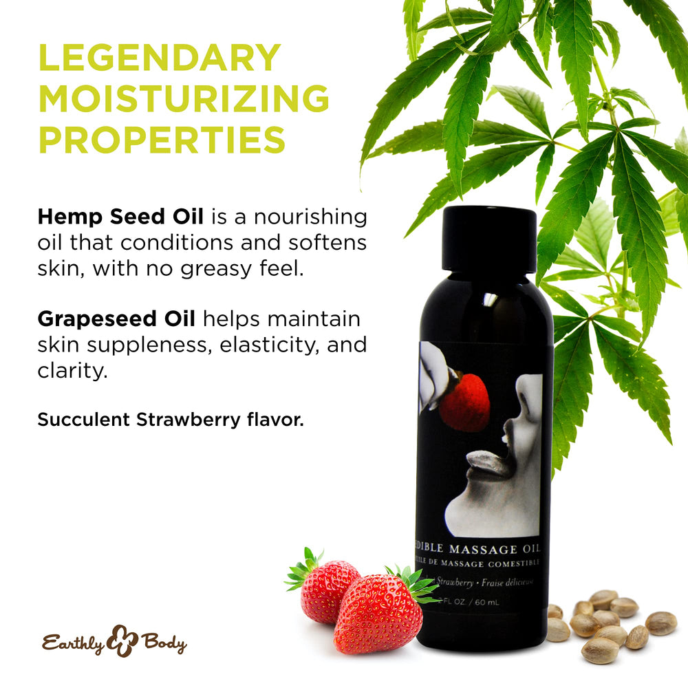 Earthly Body Edible Massage Oil strawberry label closeup highlights vegan formula