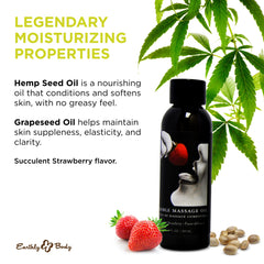 Earthly Body Edible Massage Oil strawberry label closeup highlights vegan formula