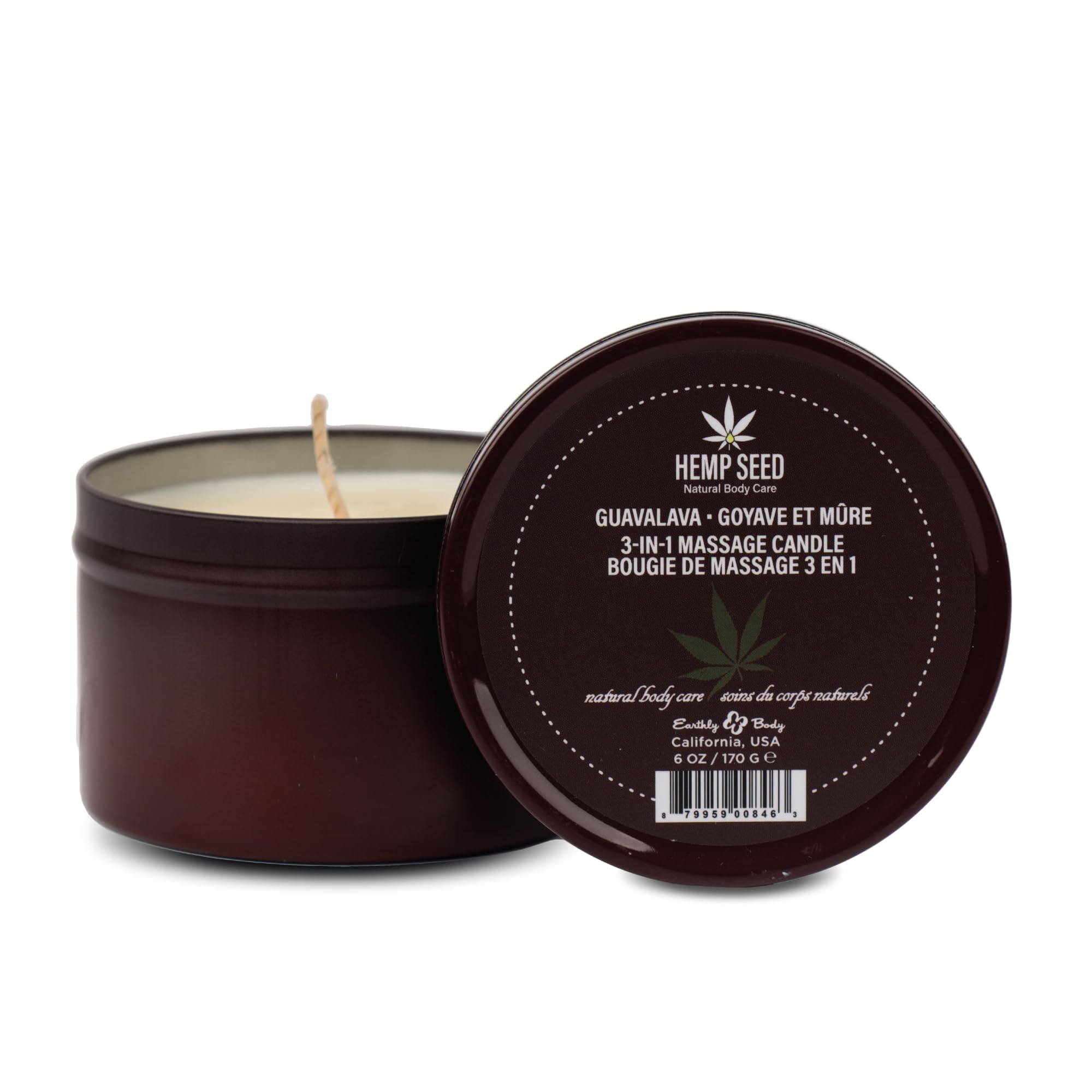 Earthly Body Hemp Seed 3-in-1 candle with warm glow and meltable massage oil.