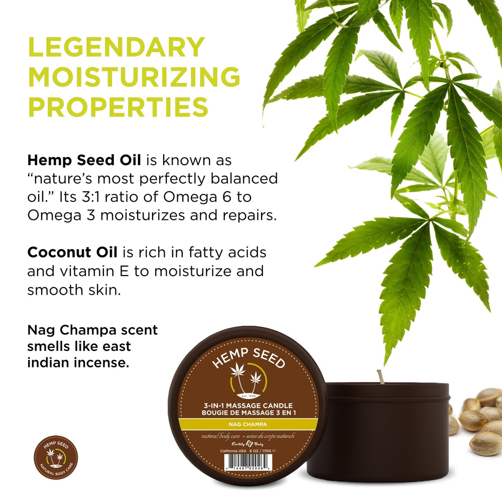Earthly Body Hemp Seed 3-in-1 Candle Nag Champa oil ready for massage.