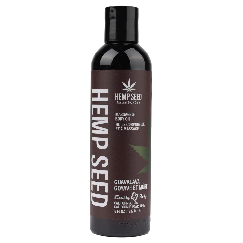 Earthly Body hemp seed massage bottle pour offers smooth slip for relaxing massages.