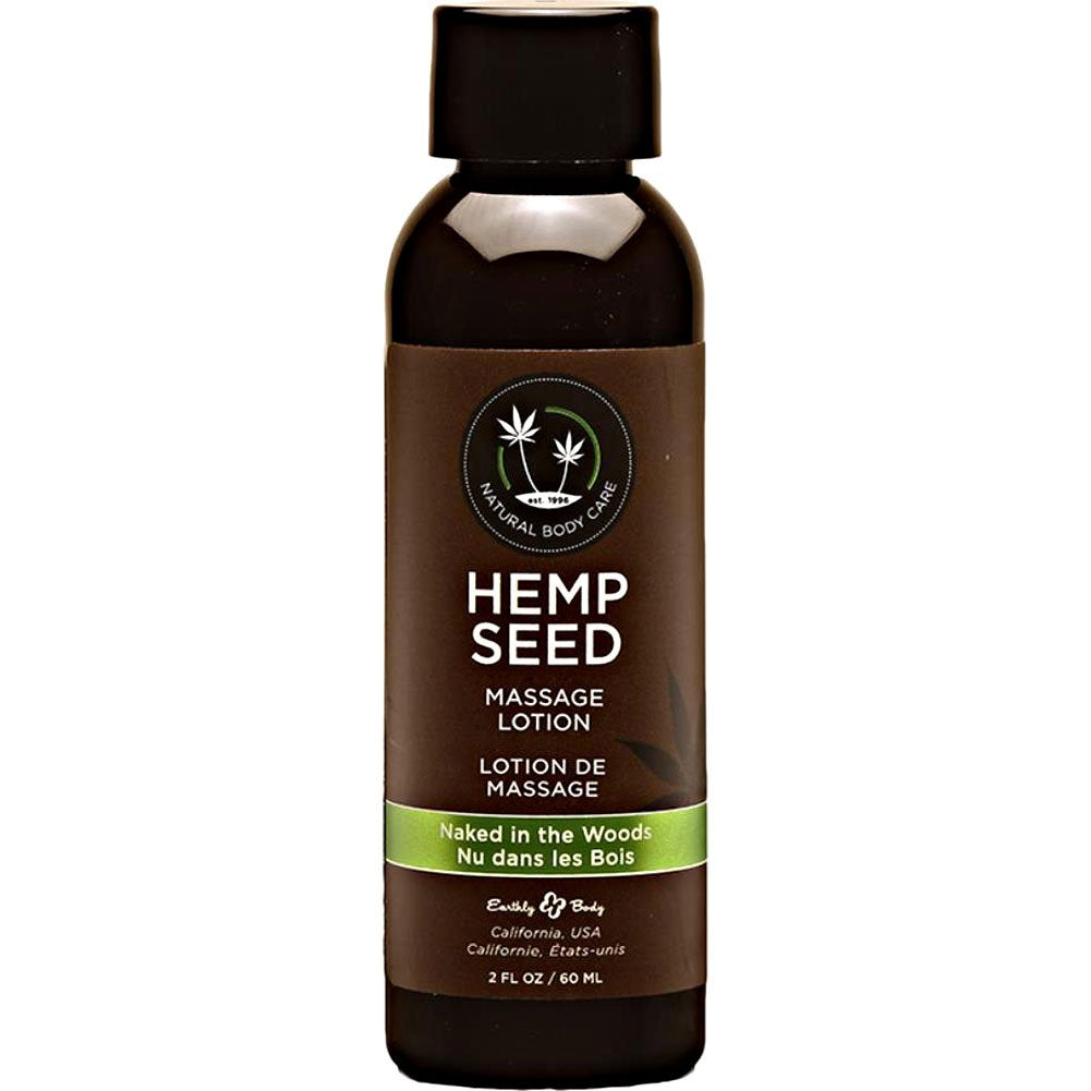 Earthly Body Hemp Seed Massage Lotion bottle showing lightweight hydration and easy glide for massage