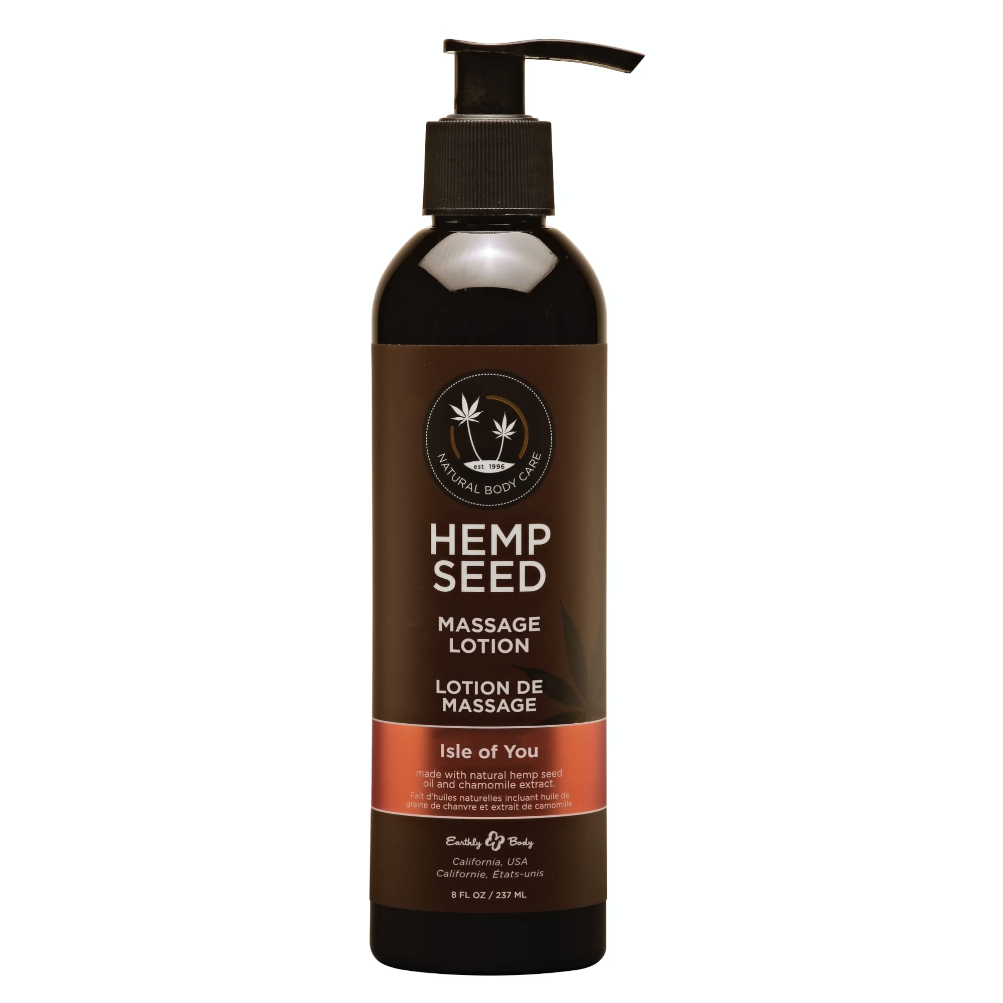 Earthly Body hemp seed massage lotion bottle glides smoothly for silky skin.