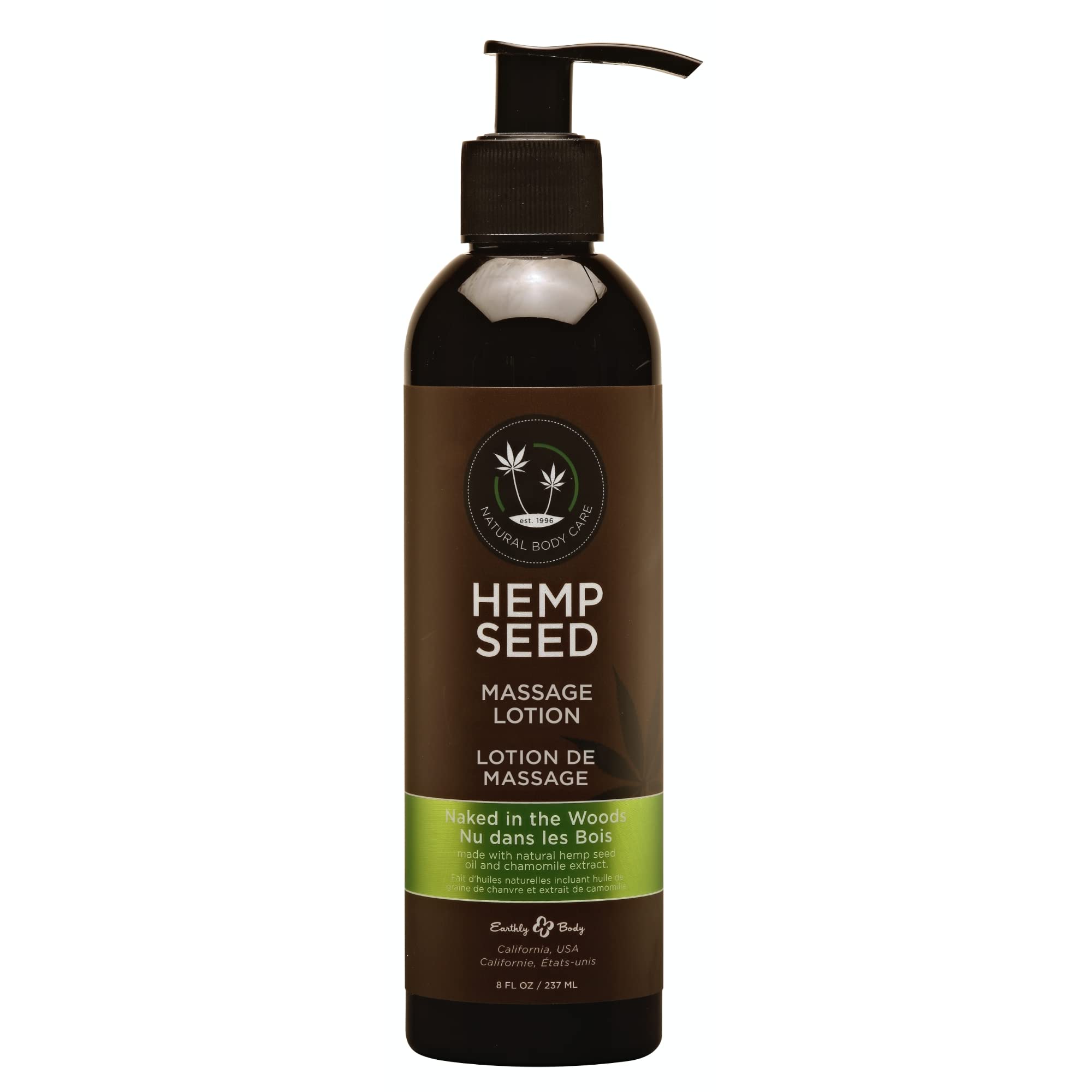 Earthly Body Hemp Seed Massage Lotion bottle offers a smooth glide for massage.