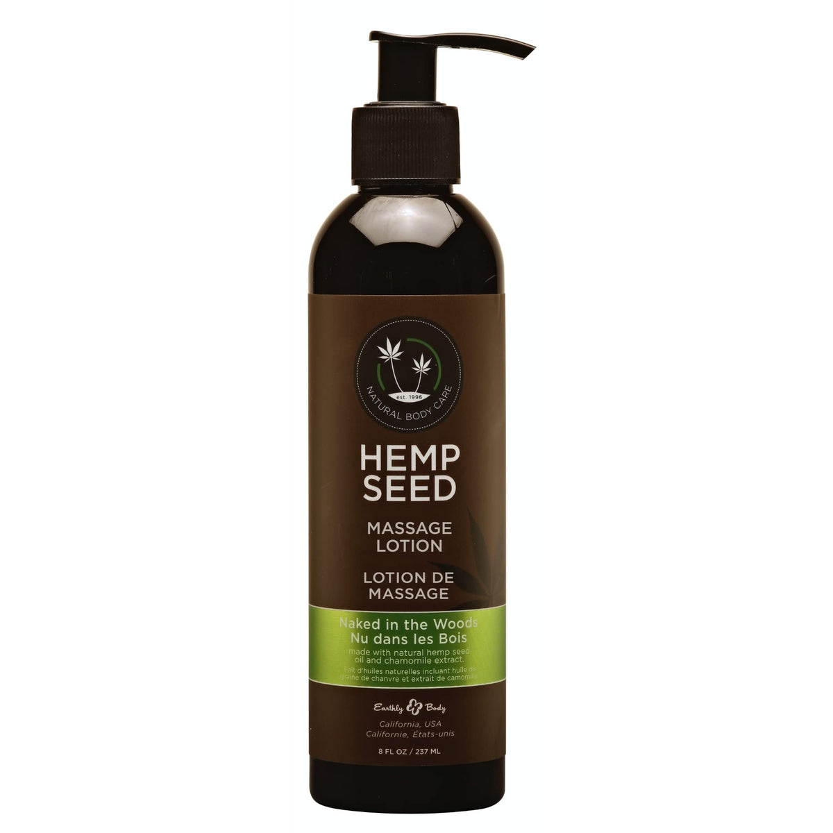Earthly Body Hemp Seed Massage Lotion bottle offers a smooth glide for massage.