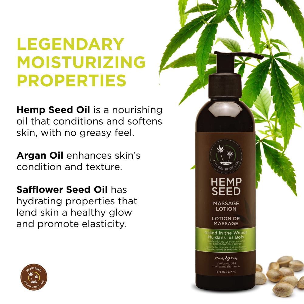 Earthly Body Hemp Seed Massage Lotion being poured for a relaxing massage.