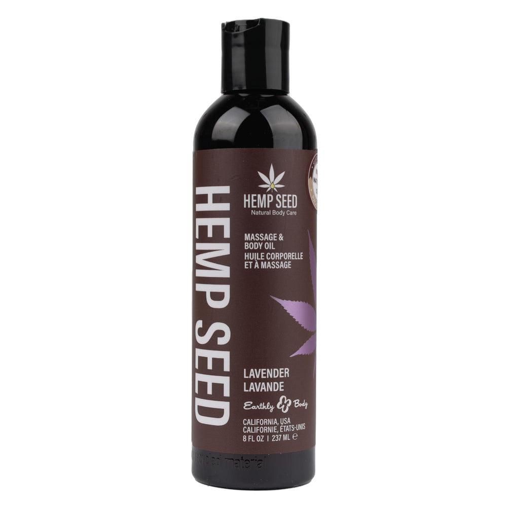 Earthly Body Hemp Seed Massage Oil Lavender bottle for soothing skin and aroma