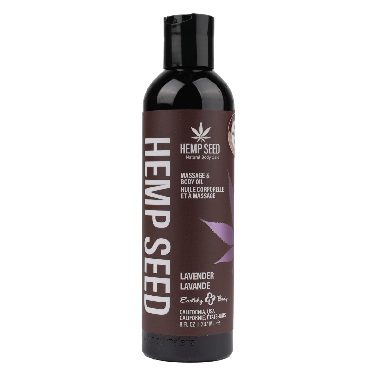 Earthly Body Hemp Seed Massage Oil Lavender bottle for soothing skin and aroma