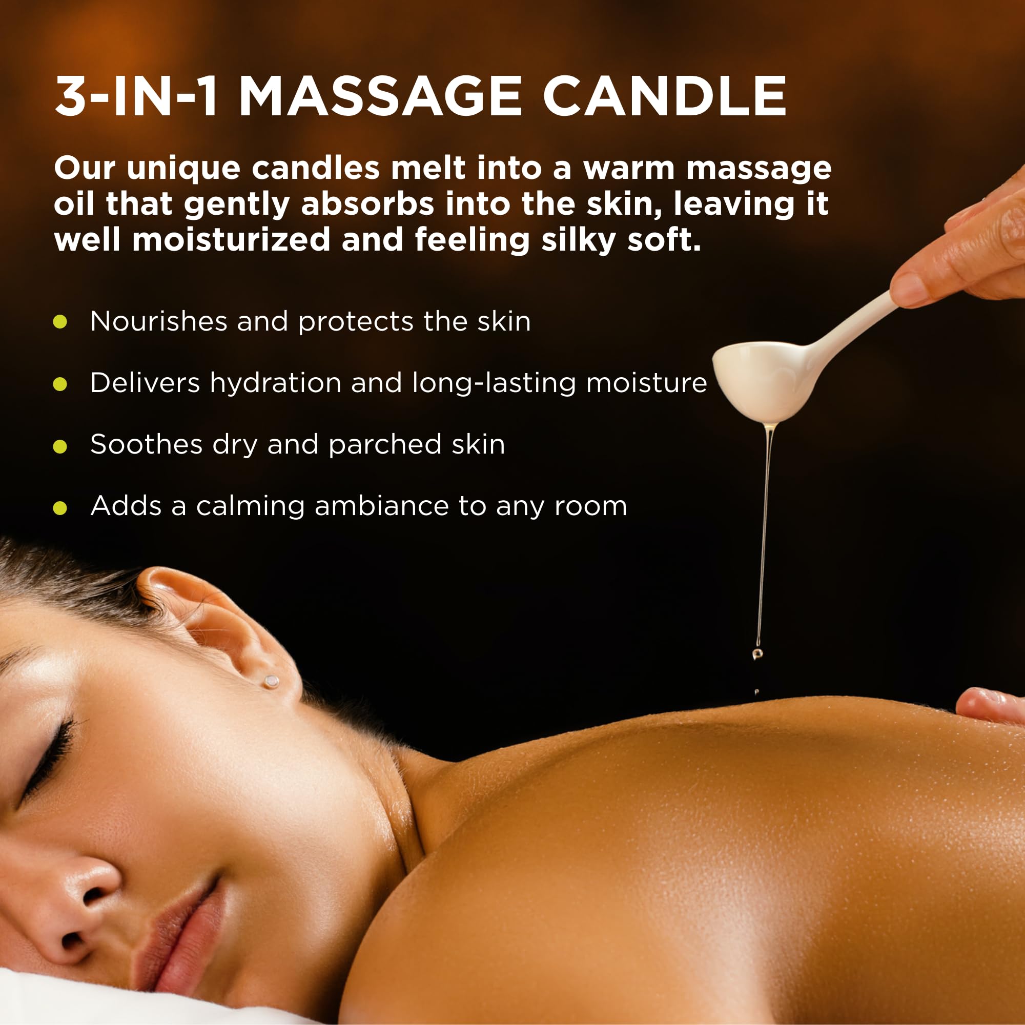 Earthly Body massage oil-wax melt pour demonstrates warm, silky slip for skin hydration.