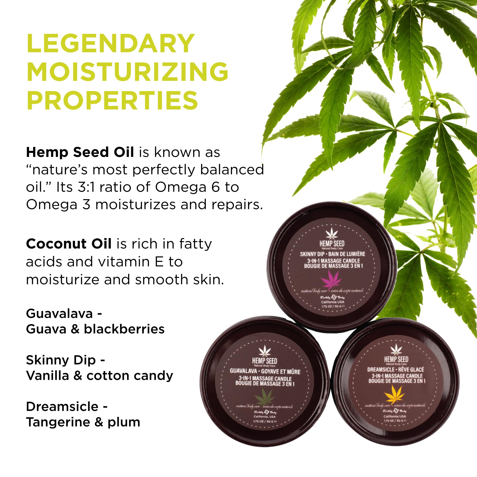 Earthly Body Three Candle Pack natural oil blend supports skin hydration.