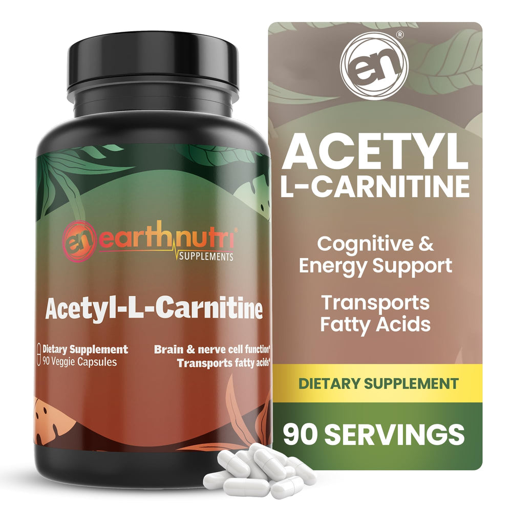 EarthNutri Acetyl-L-Carnitine bottle close-up highlighting pure, additive-free formula for focus support.