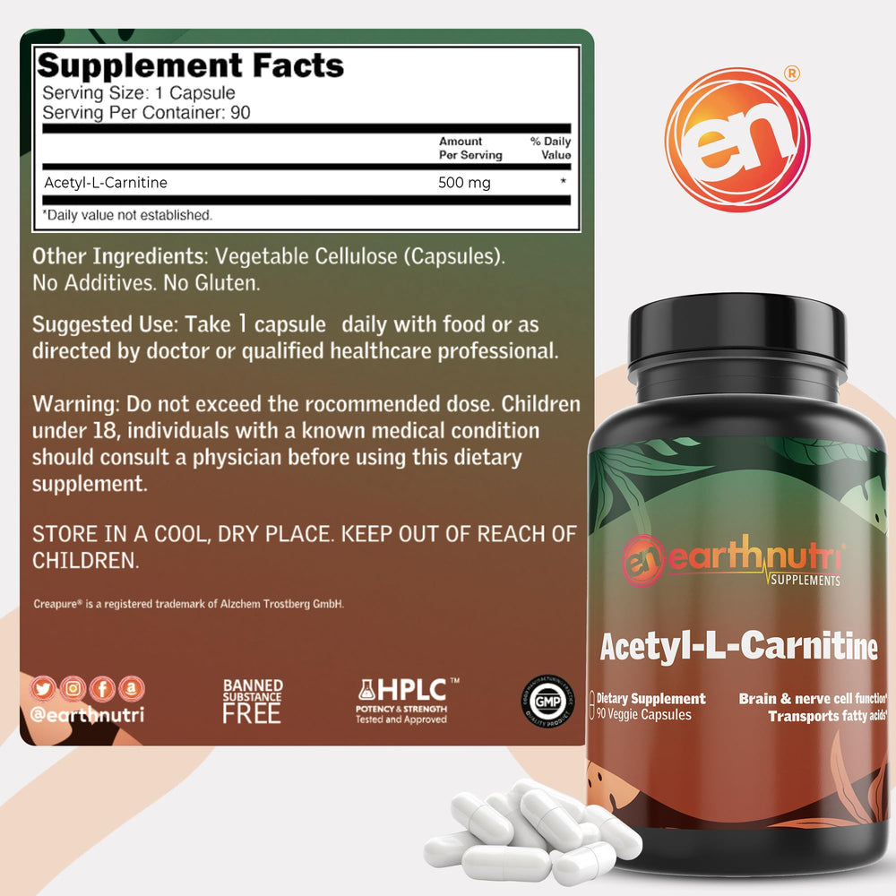 EarthNutri Acetyl-L-Carnitine bottle with water suggests simple daily routines.