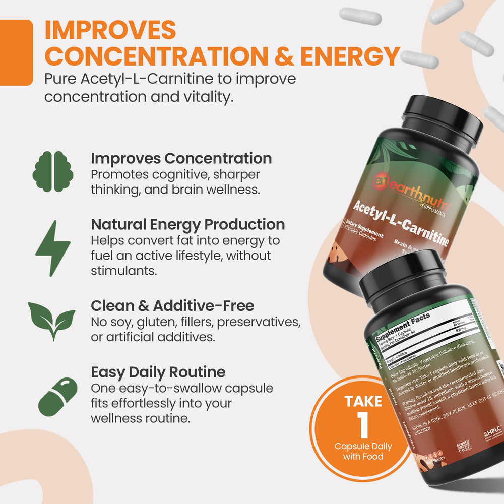 EarthNutri Acetyl-L-Carnitine capsules on tray illustrate easy daily dosing.