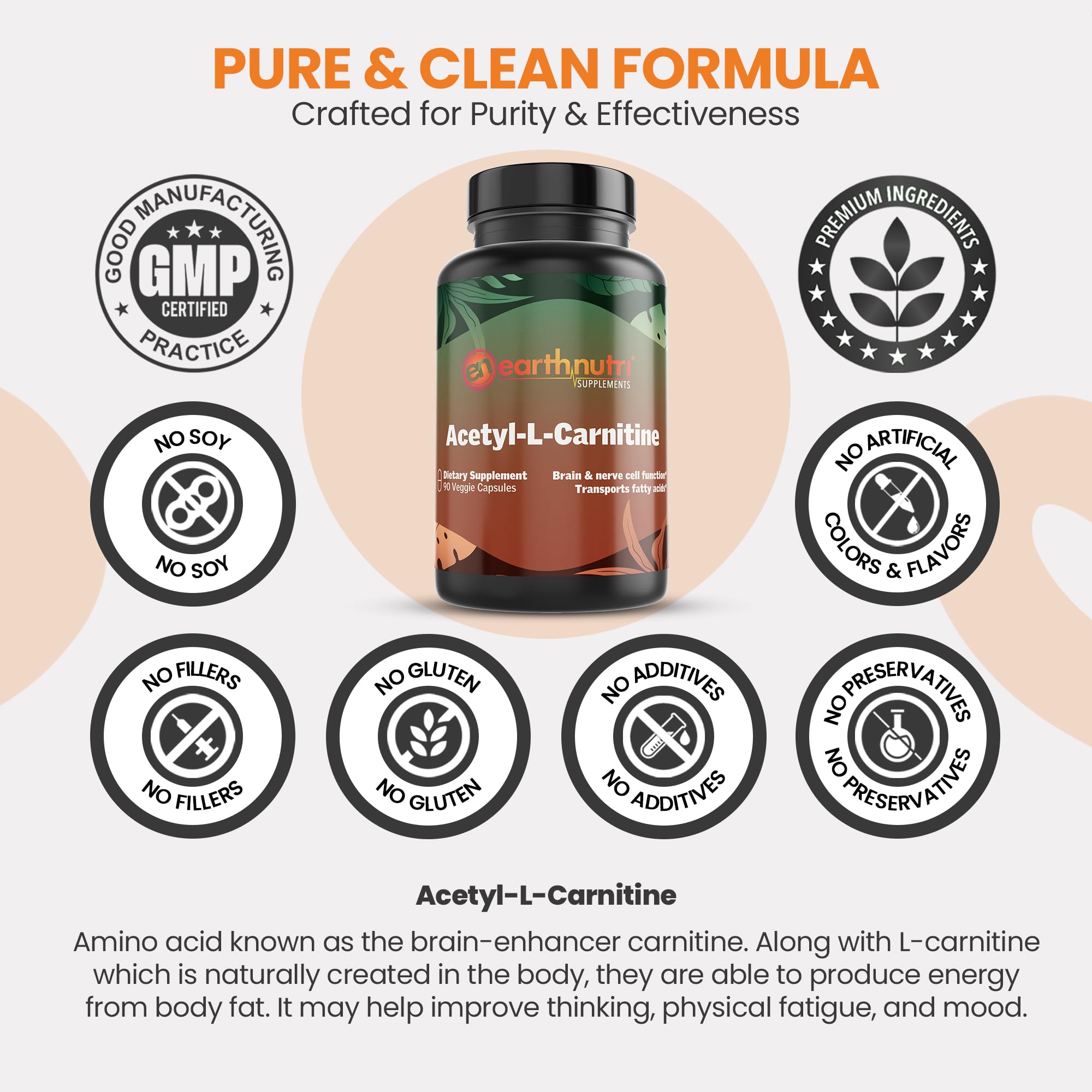 EarthNutri Acetyl-L-Carnitine label displays gluten-free and soy-free ingredients for clean use.