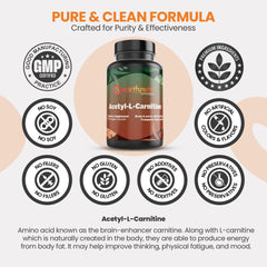 EarthNutri Acetyl-L-Carnitine label displays gluten-free and soy-free ingredients for clean use.