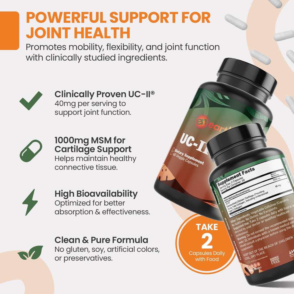 EarthNutri UC-II collagen MSM label close-up highlights clean ingredients.