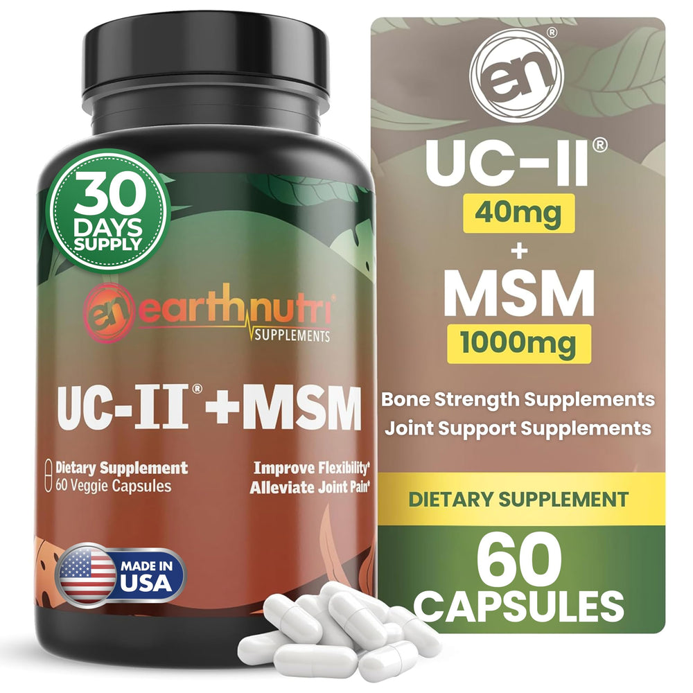 EarthNutri UC-II MSM capsules bottle pour supports daily joint care.