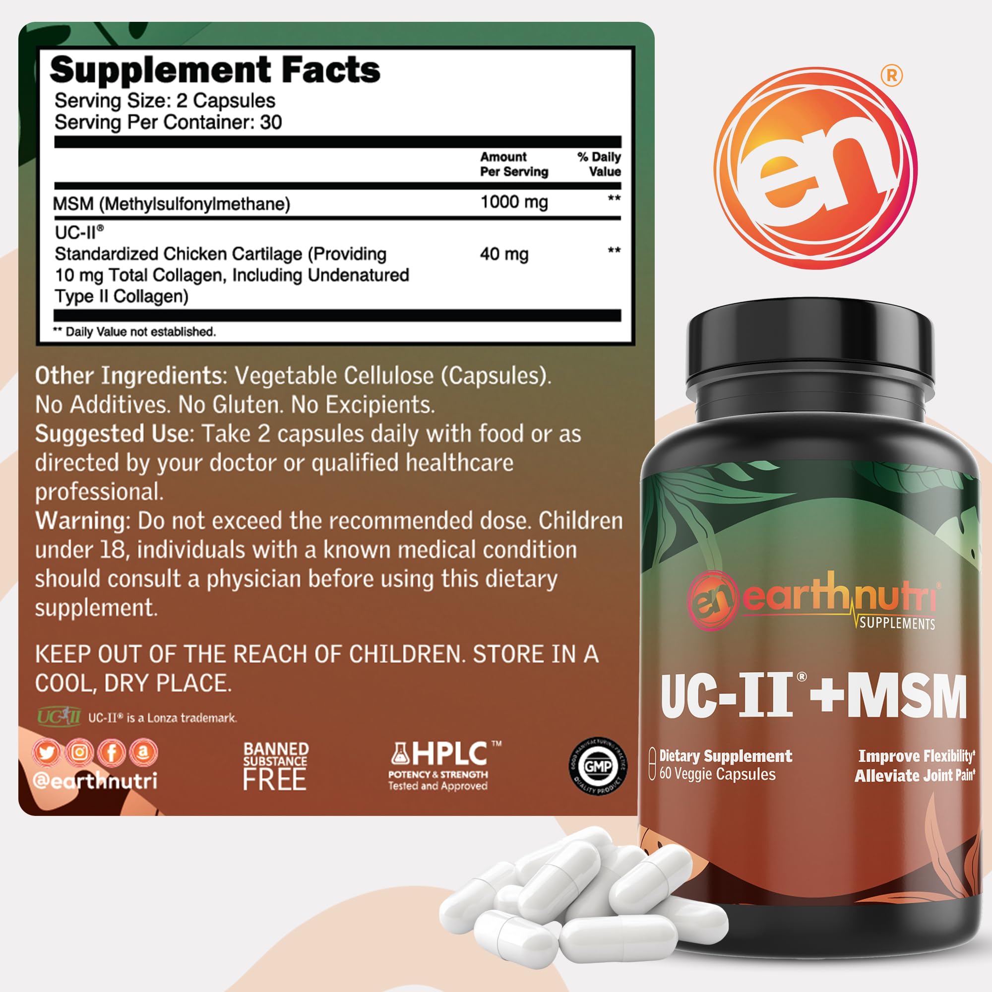 EarthNutri vegetarian capsules on white background emphasize soy-free formula.
