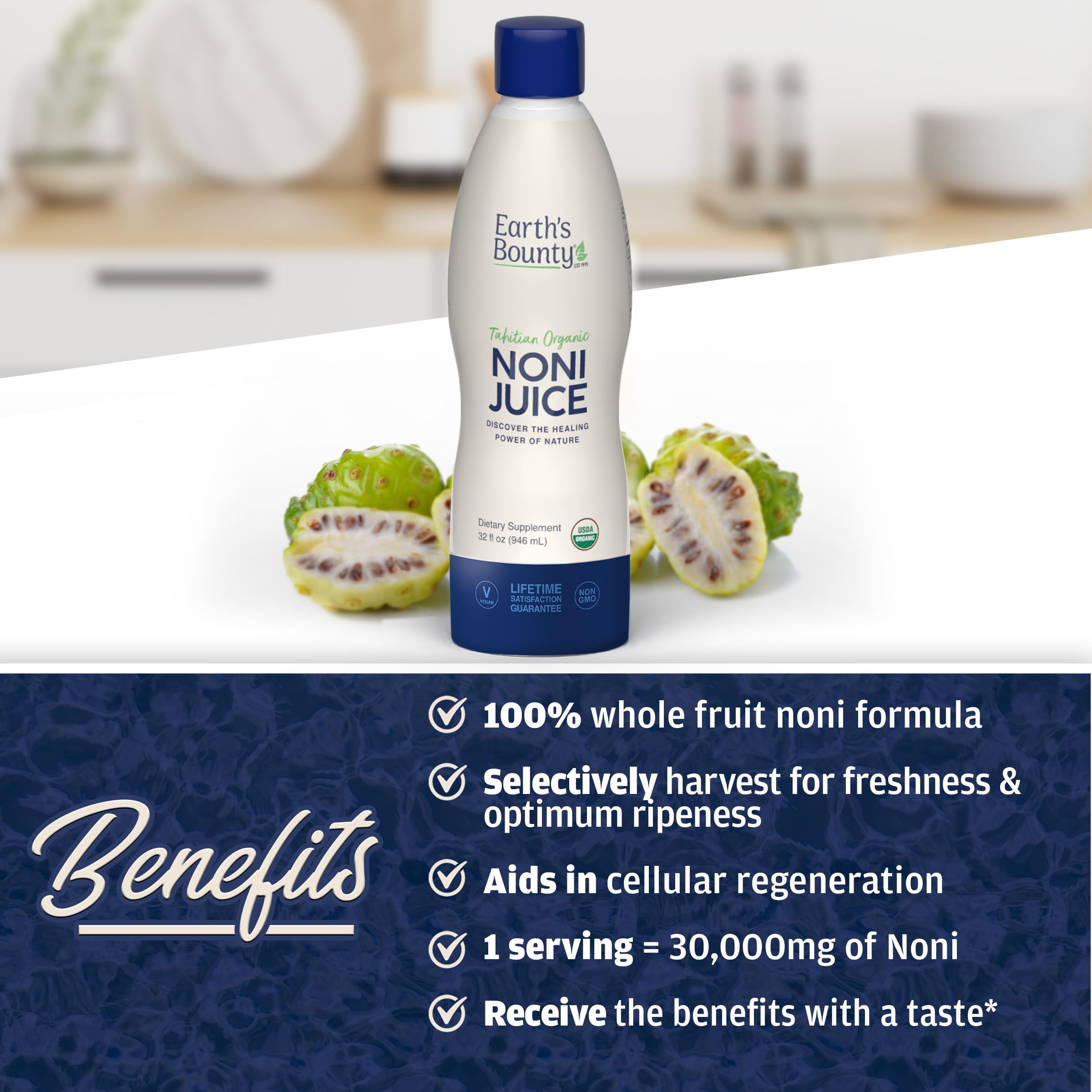Earth's Bounty Noni Juice label closeup reveals pure ingredients.