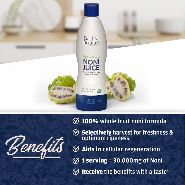 Earth's Bounty Noni Juice label closeup reveals pure ingredients.