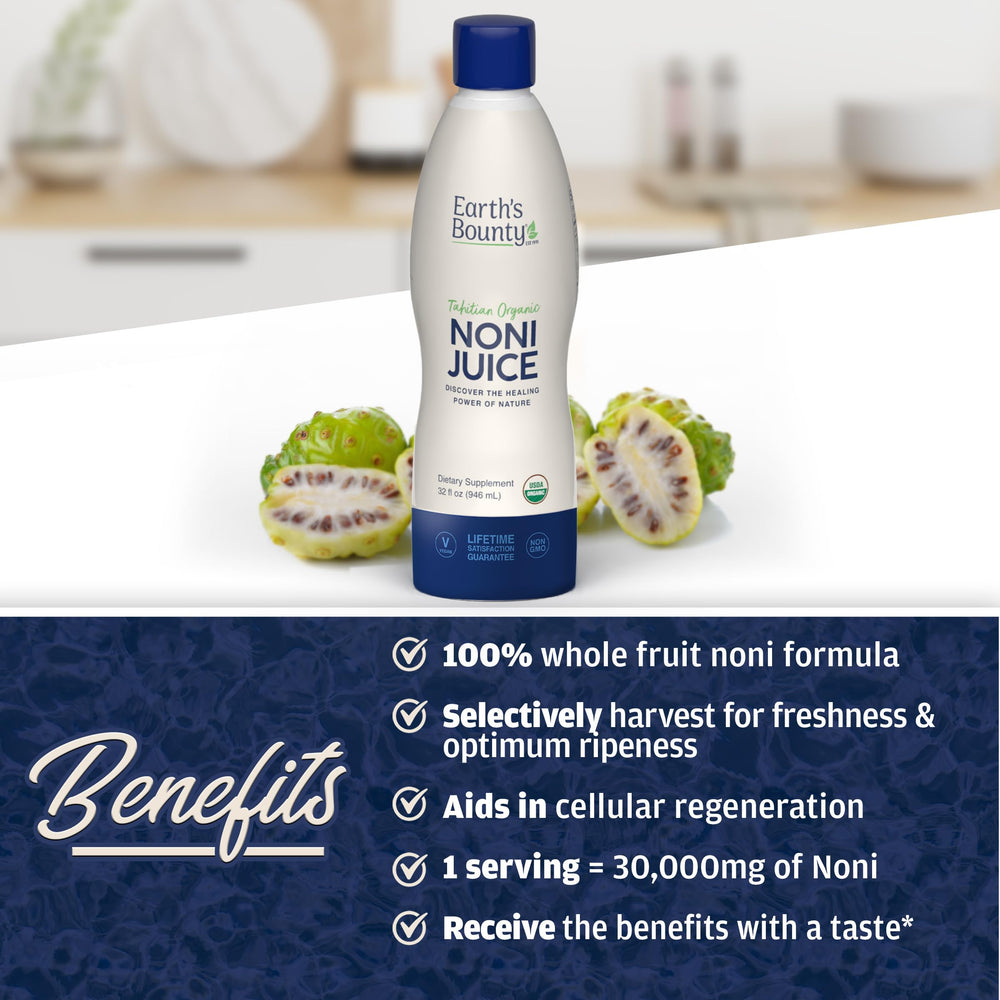 Earth's Bounty Noni Juice label closeup reveals pure ingredients.