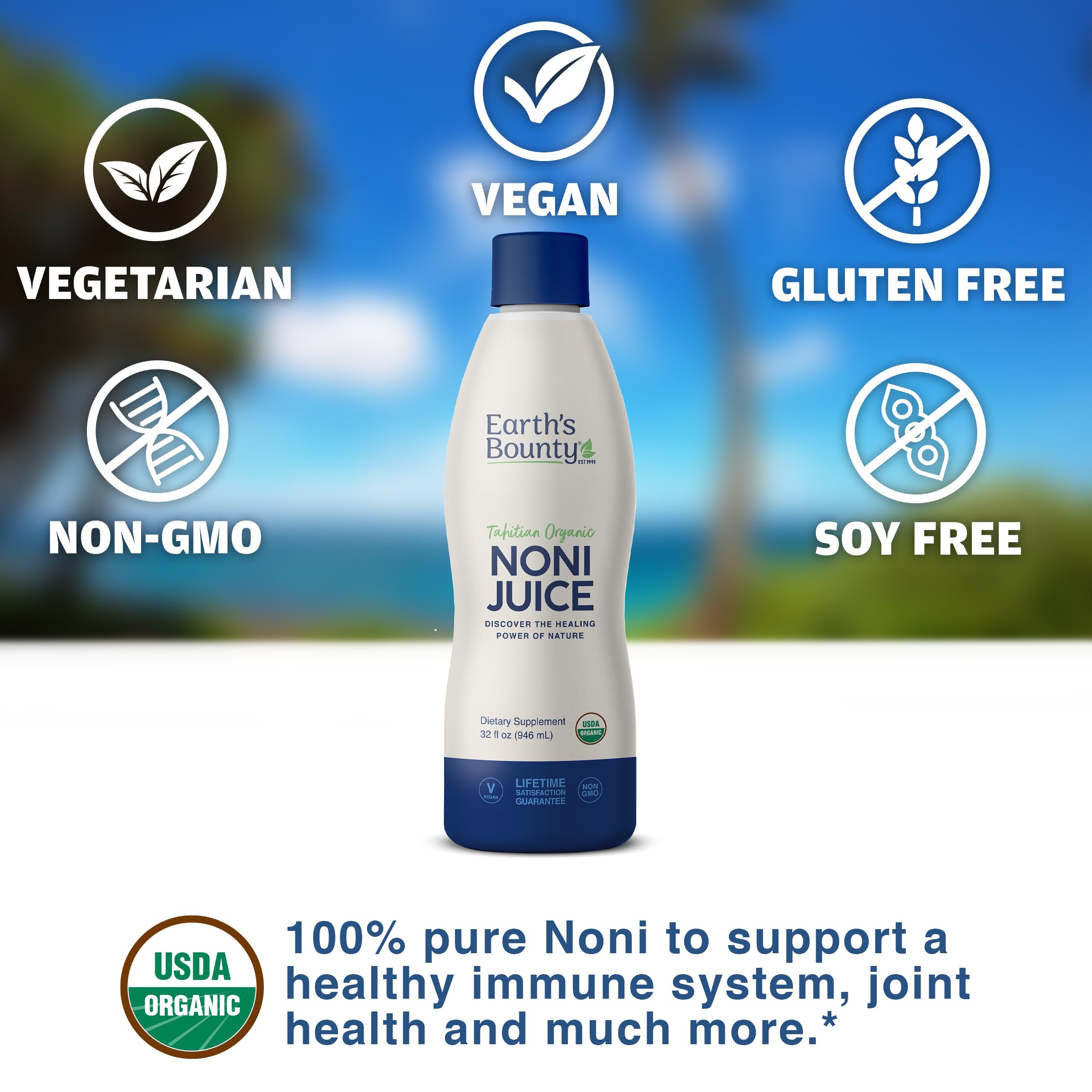 Earth's Bounty Organic Certification logo signals trusted, clean sourcing.