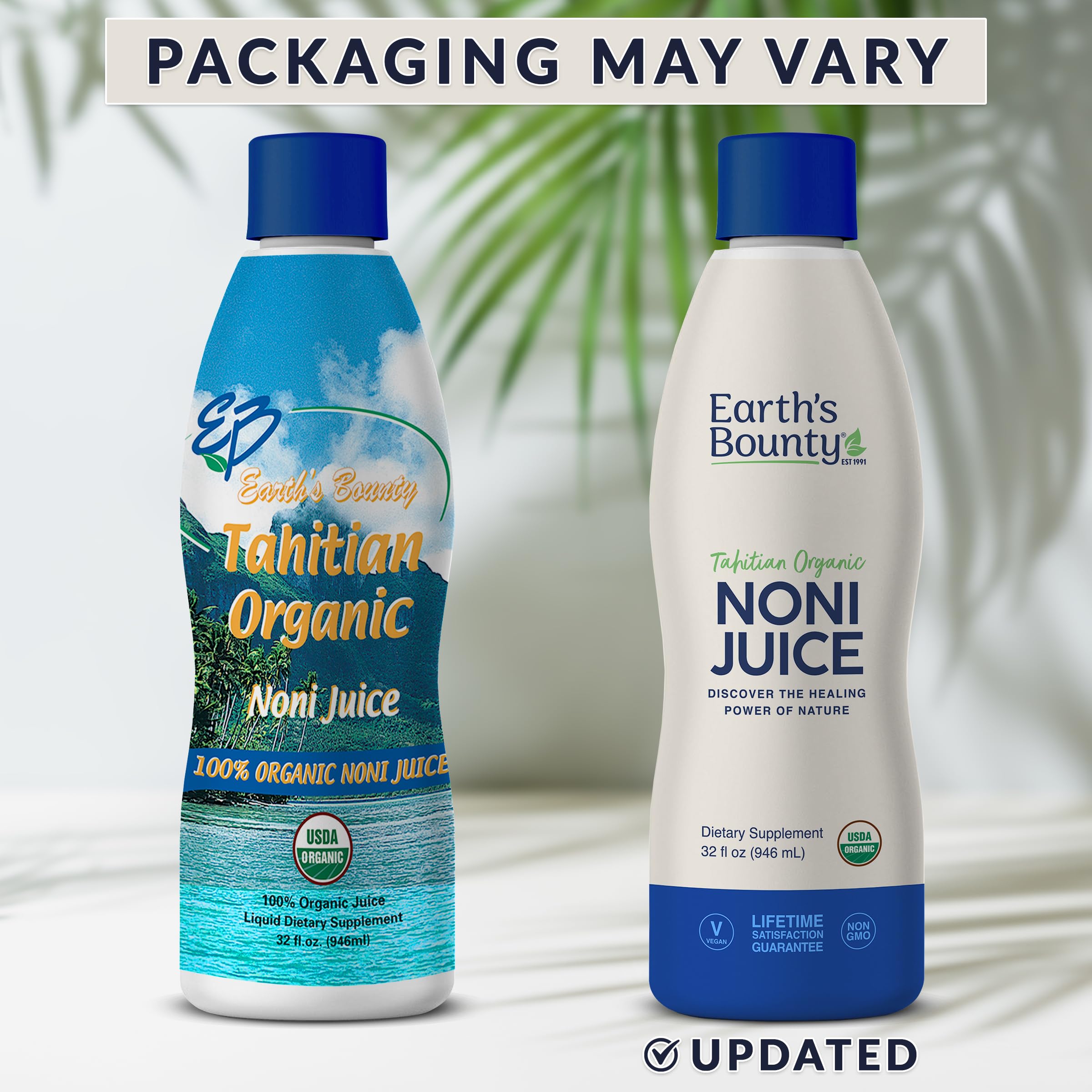 Earth's Bounty Tahitian Noni Juice pour highlighting smooth, fresh flavor.