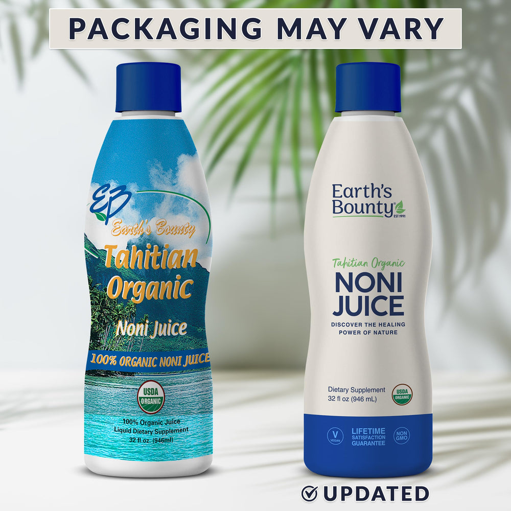 Earth's Bounty Tahitian Noni Juice pour highlighting smooth, fresh flavor.