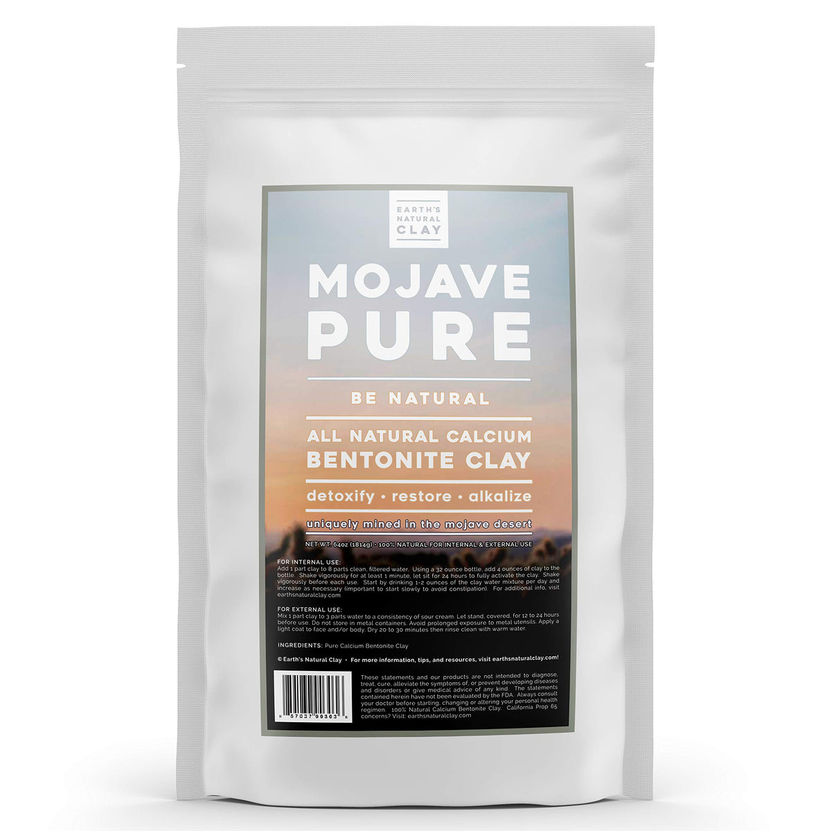 Earth's Living calcium bentonite clay powder in a 64oz jar for internal and external detox