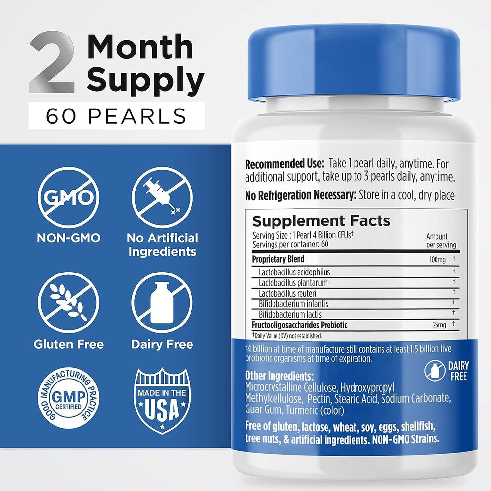 Earth's Pearl 60-day supply box highlights long-lasting probiotic support.