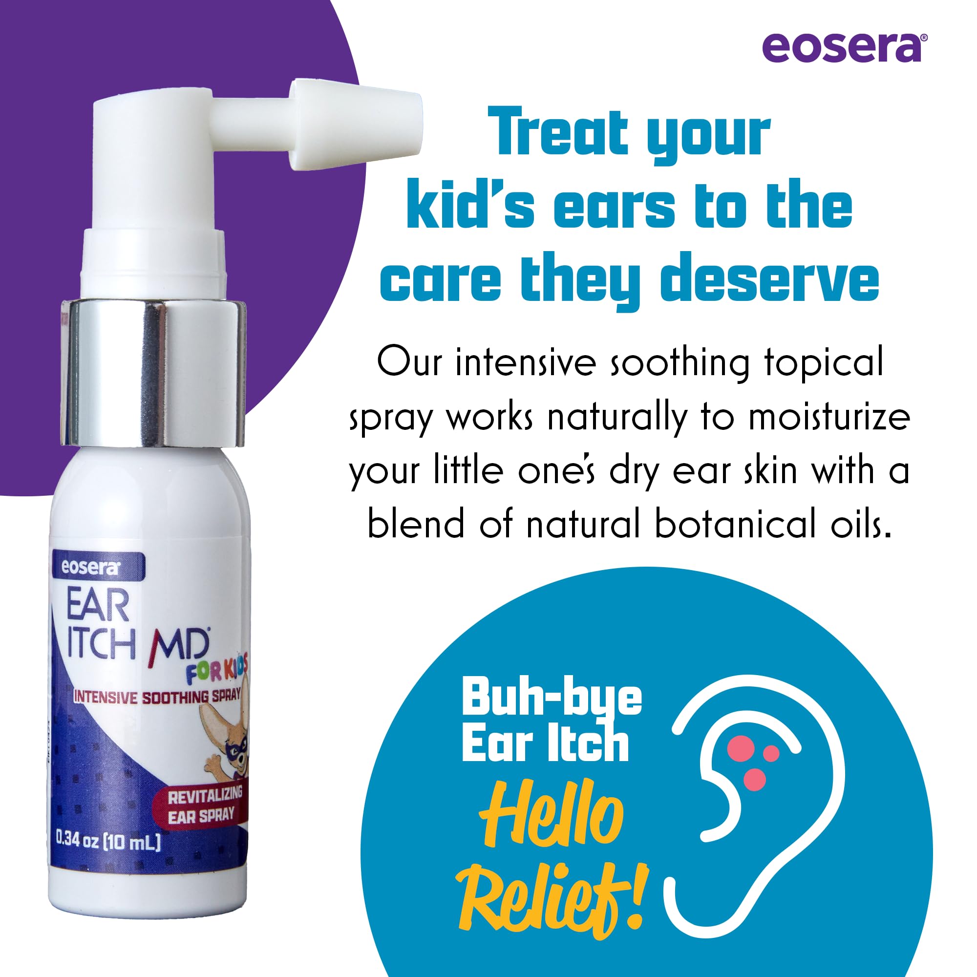 Close-up view of Earwax MD eosera Ear Itch MD for Kids ear canal application.