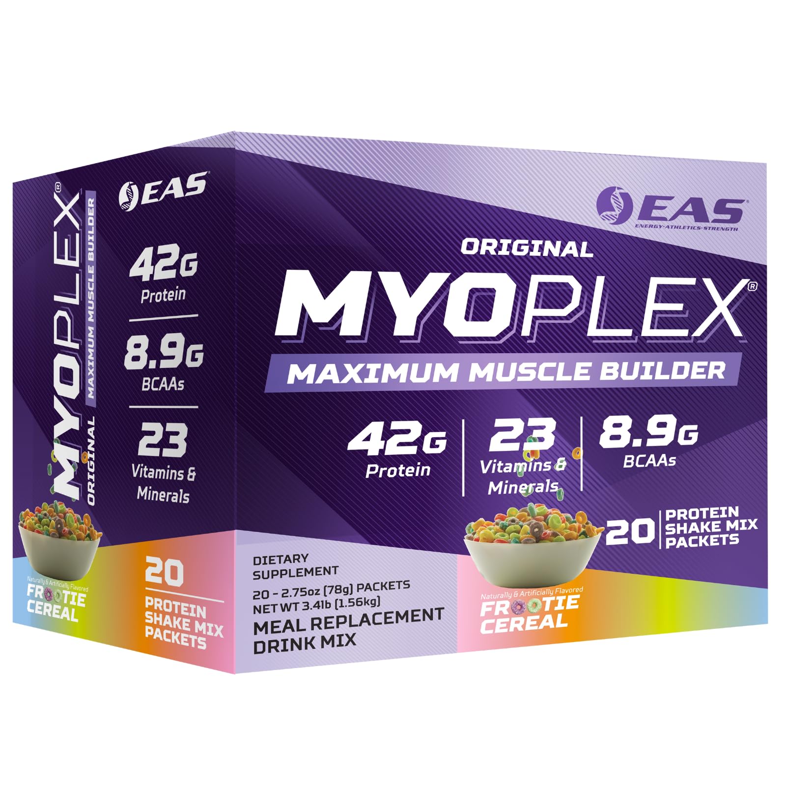 EAS Myoplex bottle displaying a protein packed formula for post workout recovery and sustained amino acid delivery